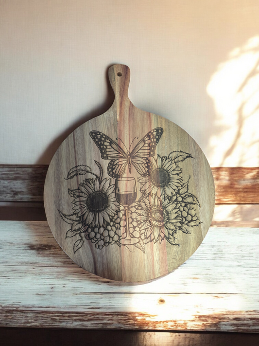 Sunflower, butterfly and wine cutting board