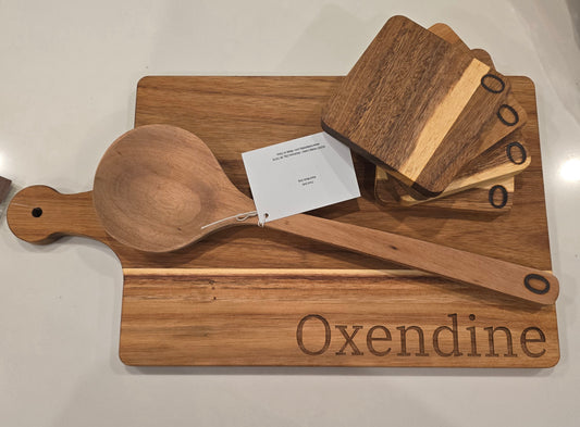 Custom cutting board, coasters, spoon