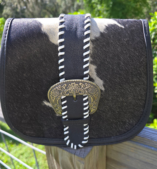 2837 Black Cowhide Fur Handbag Western Leather Crossbody Sling Purse Multi-Purpose Purse Fur Handbag Western Leather Crossbody Sling Purse Multi Purpose Purse